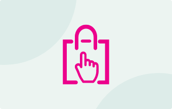 Symbol einer Hand mit Zeigefinger, die auf eine Einkaufstasche zeigt, dargestellt in Rosa auf einem hellgrünen Hintergrund.