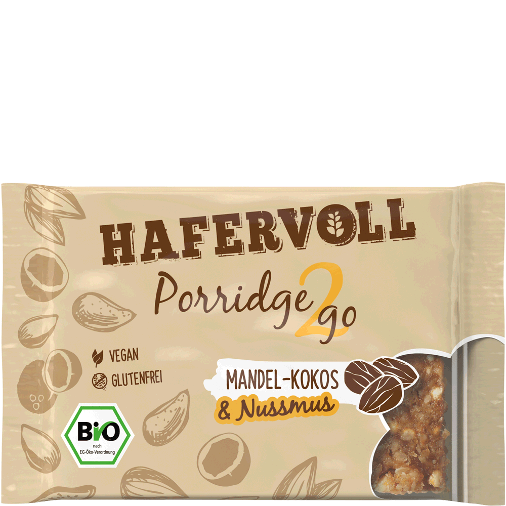 Bild: HAFERVOLL Bio Porridge2go Mandel-Kokos 