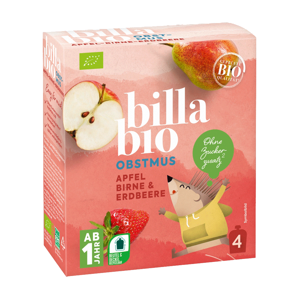 Bild: Billa Bio Quetschie Apfel Birne Erdbeere 4er Pack 