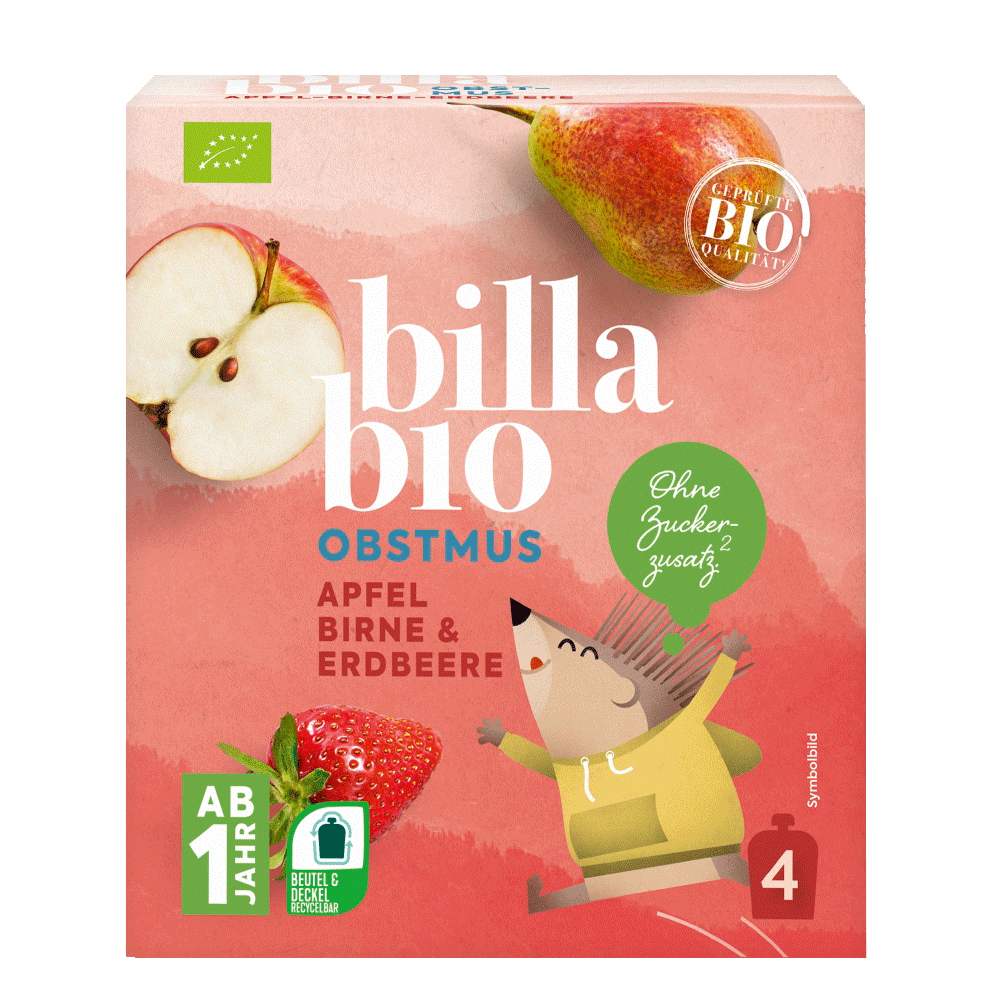 Bild: Billa Bio Quetschie Apfel Birne Erdbeere 4er Pack 