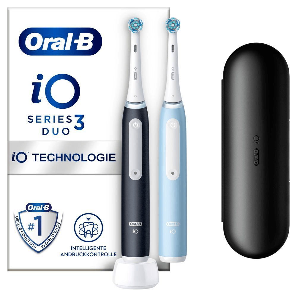 Bild: Oral-B iO Series 3 Duopack Elektrische Zahnbürste, Reiseetui, Matt Black/Ice Blue 