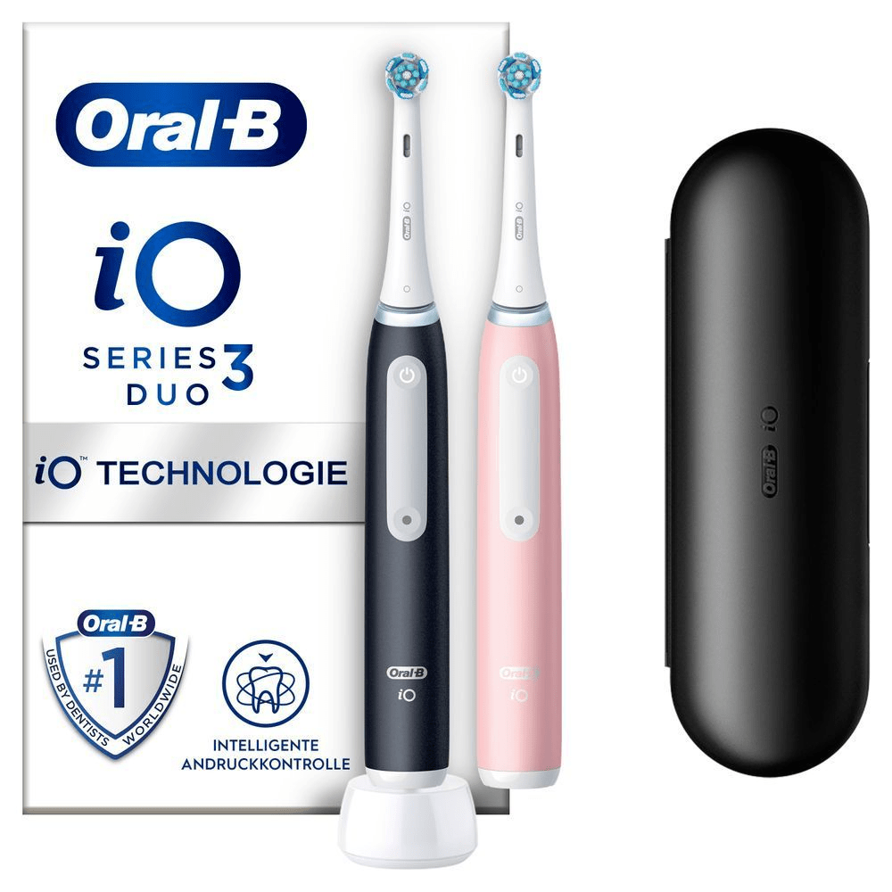 Bild: Oral-B iO Series 3 Duopack Elektrische Zahnbürste, Reiseetui, Matt Black/Blush Pink 