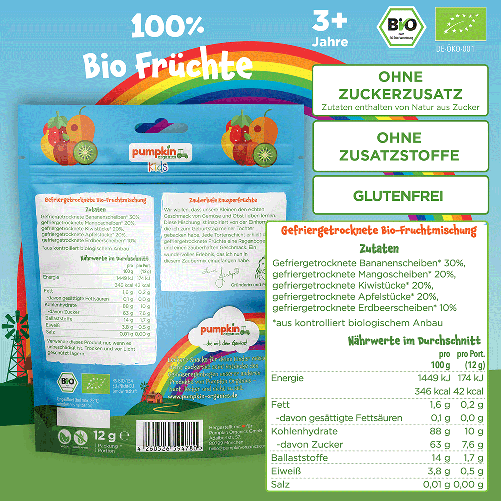 Bild: pumpkin organics Bio Zaubermix Fruchtchips Banane, Mango, Kiwi, Apfel & Erdbeere 