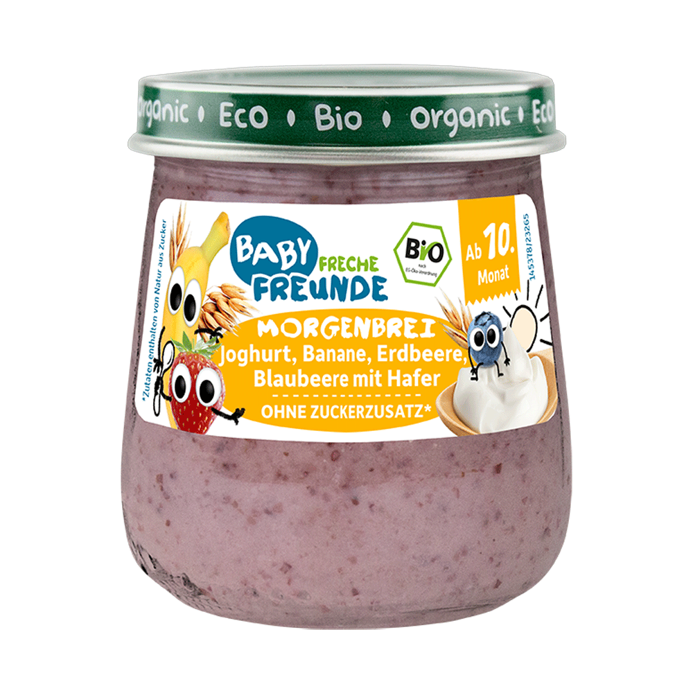 Bild: Freche Freunde Gläschen Morgenbrei Joghurt, Banane, Erdbeere, Blaubeere mit Hafer 