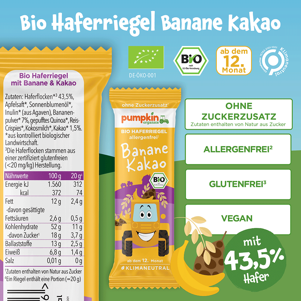 Bild: pumpkin organics Bio Haferriegel Banane Kakao 