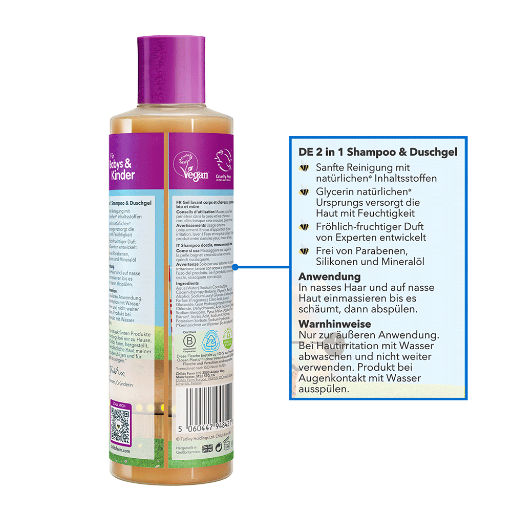 Bild: Childs Farm 2 in 1 Shampoo & Duschgel Brombeere & Bio Apfel 