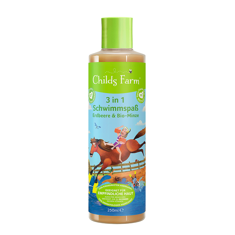 Bild: Childs Farm 3in1 Schwimmspaß Shampoo, Spülung & Duschgel Erdbeere & Bio Minze 