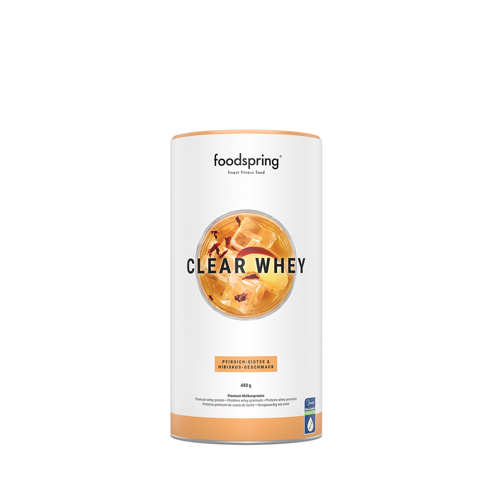 Bild: foodspring Clear Whey Pfirsich-Eistee und Hibiskus Geschmack 