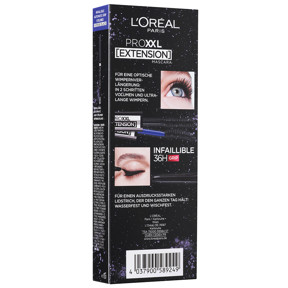 Bild: L'ORÉAL PARIS ProXXL Extension Mascara schwarz + Infaillible Automatic Grip Eyeliner Intense Black 