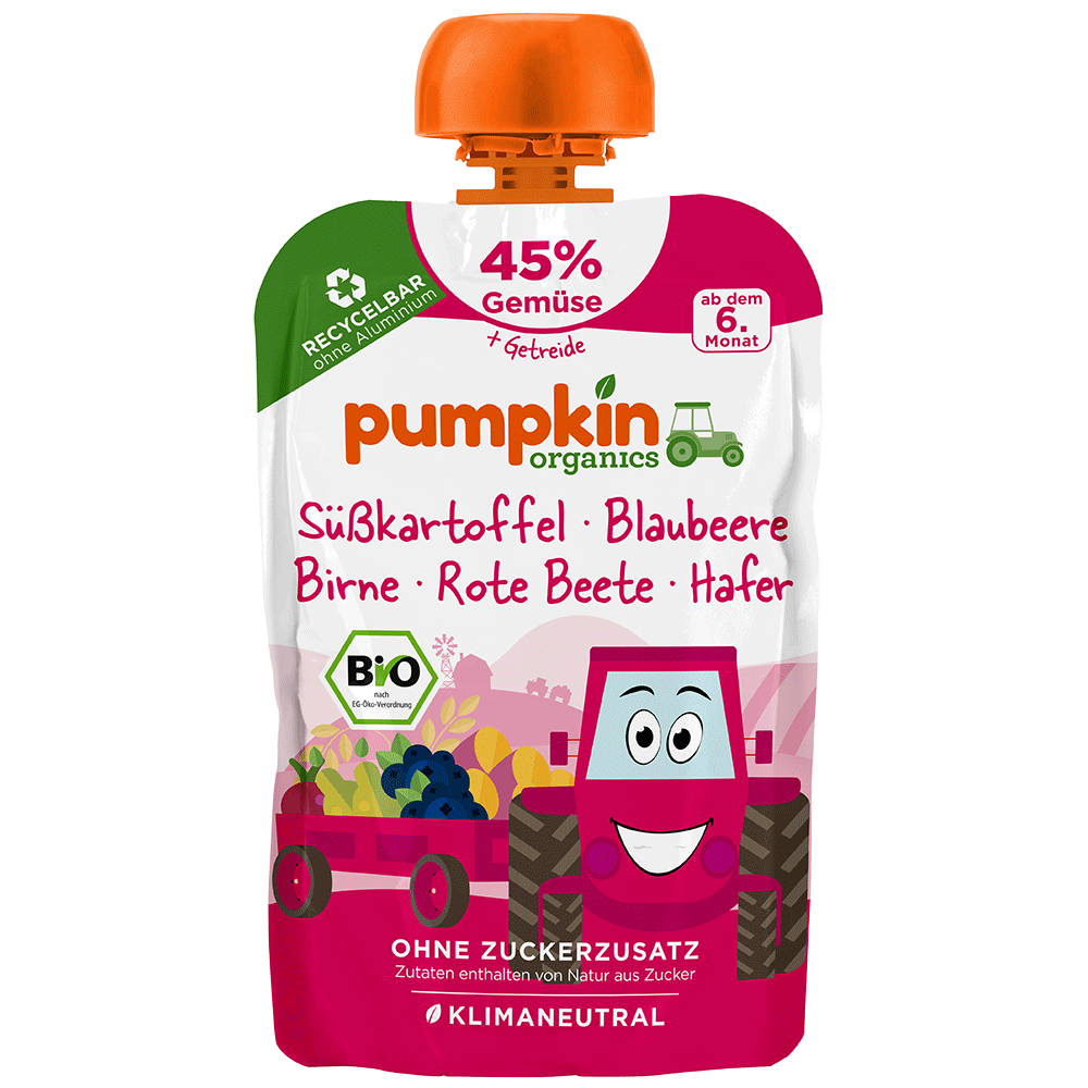 Bild: pumpkin organics Quetschie Süßkartoffel, Blaubeere, Birne, Rote Beete & Hafer 