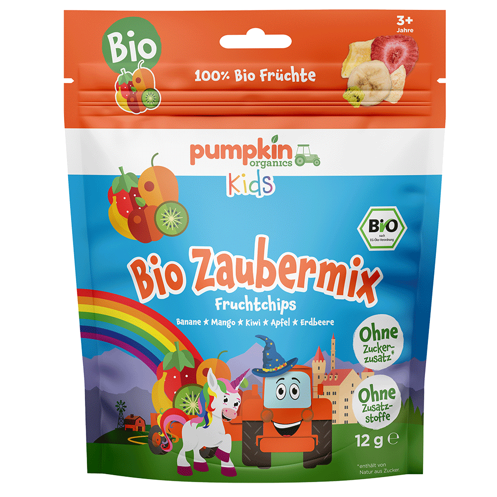 Bild: pumpkin organics Bio Zaubermix Fruchtchips Banane, Mango, Kiwi, Apfel & Erdbeere 