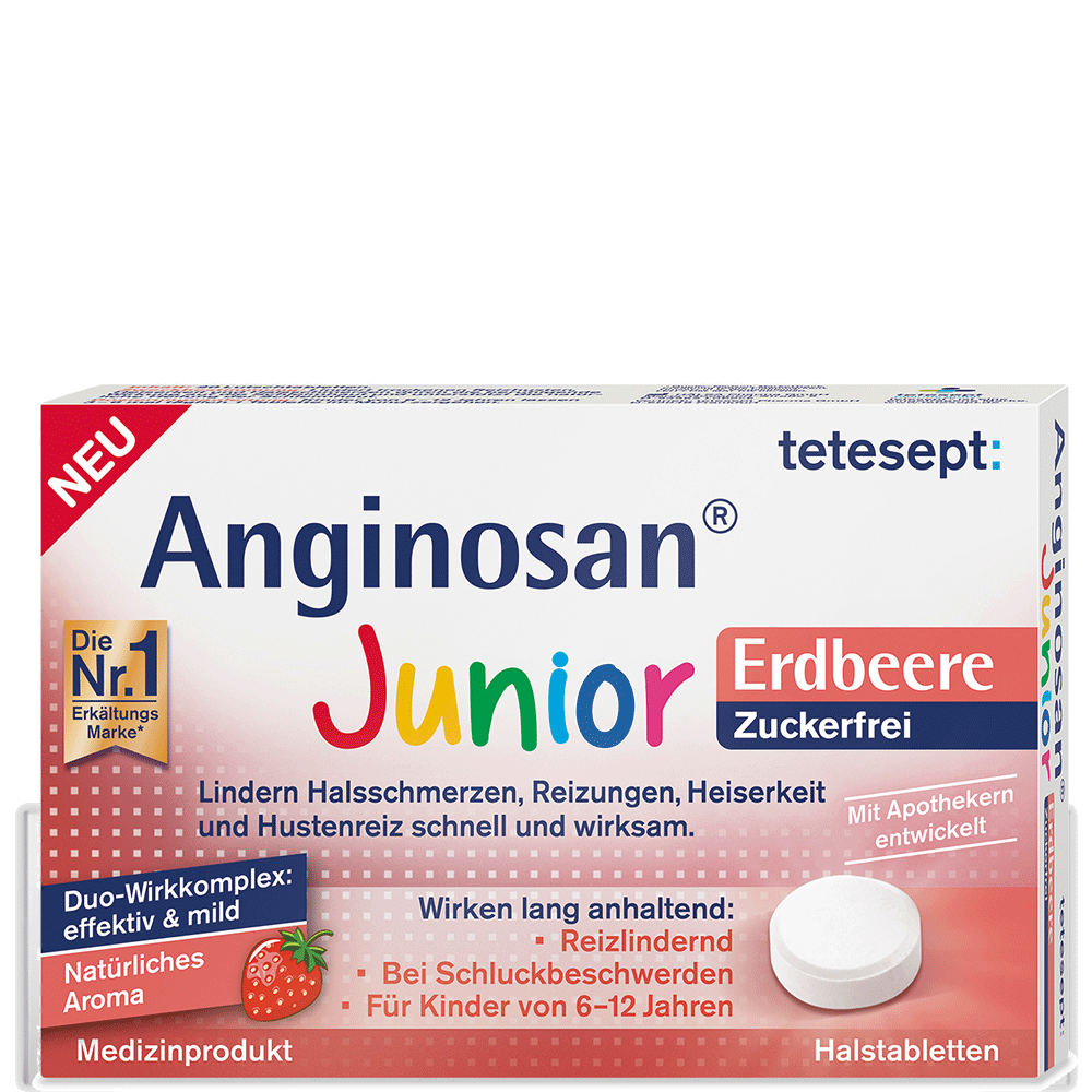 Bild: tetesept: Anginosan Junior Erdbeer Lutschtabletten 