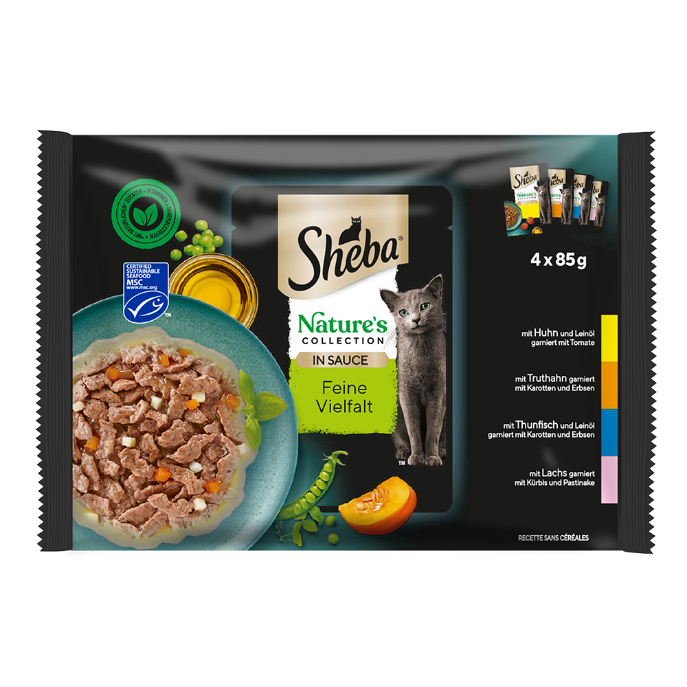 Bild: Sheba Nature's Collection in Sauce Feine Vielfalt mit Huhn, Truthahn, Thunfisch und Lachs 