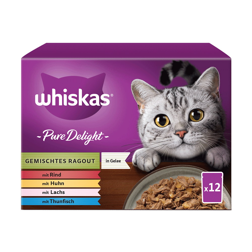 Bild: Whiskas Pure Delight Gemischtes Ragout Rind Huhn Lachs Thunfisch 