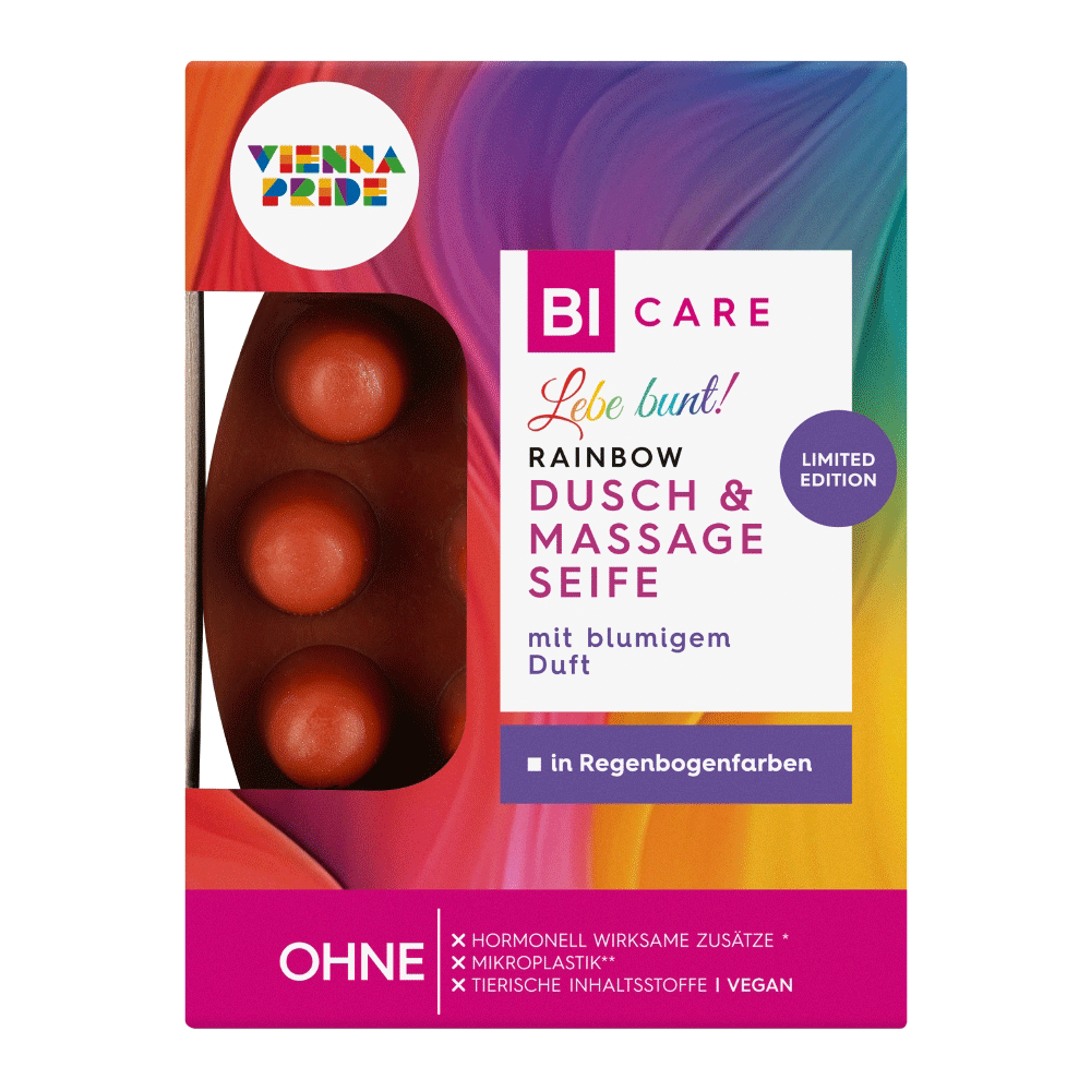 Bild: BI CARE Dusch & Massage Seife Pride Limited Edition in Regenbogenfarben 