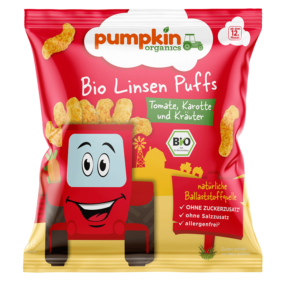 Bild: pumpkin organics Bio Linsen Puffs Tomate, Karotte und Kräuter 