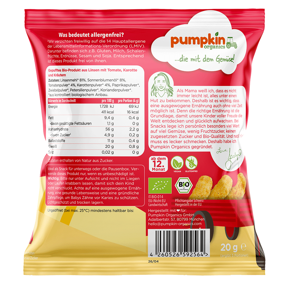 Bild: pumpkin organics Bio Linsen Puffs Tomate, Karotte und Kräuter 