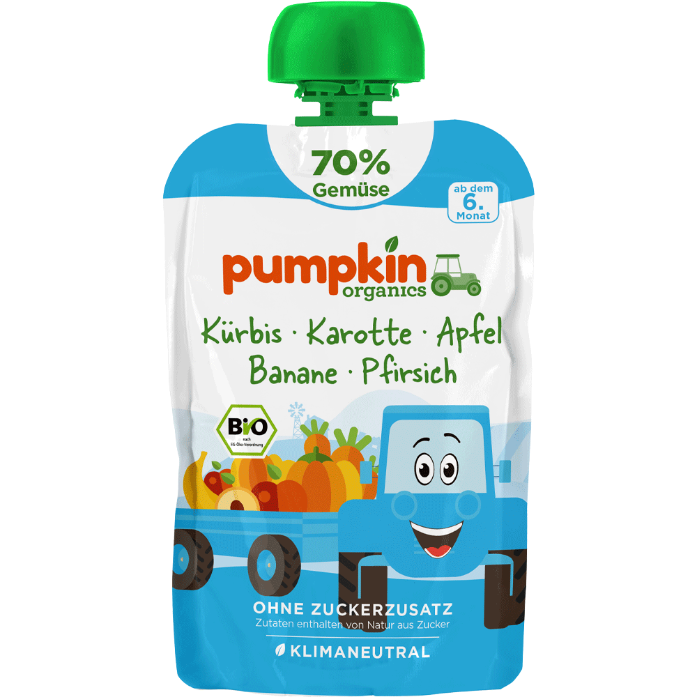 Bild: pumpkin organics Quetschie Kürbis, Karotte, Apfel, Banane und Pfirsich 