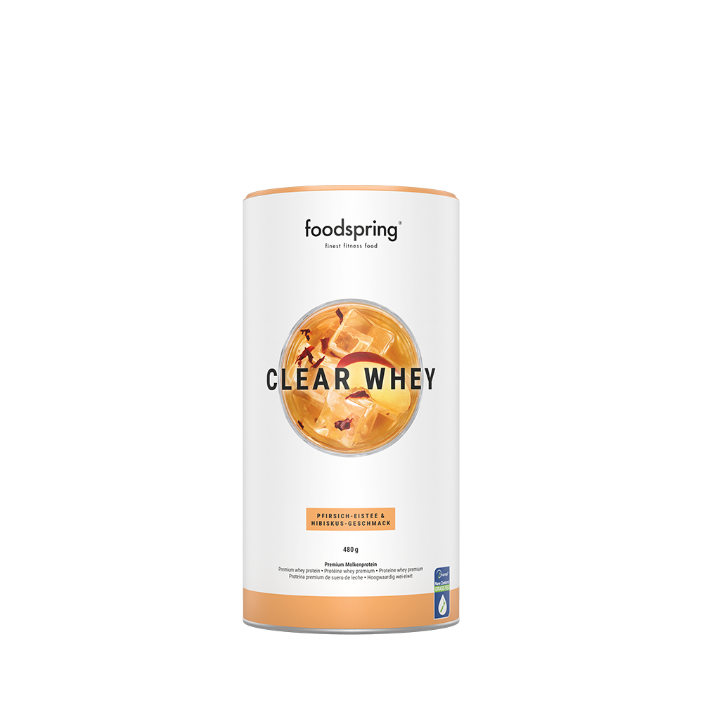 Bild: foodspring Clear Whey Pfirsich-Eistee und Hibiskus Geschmack 