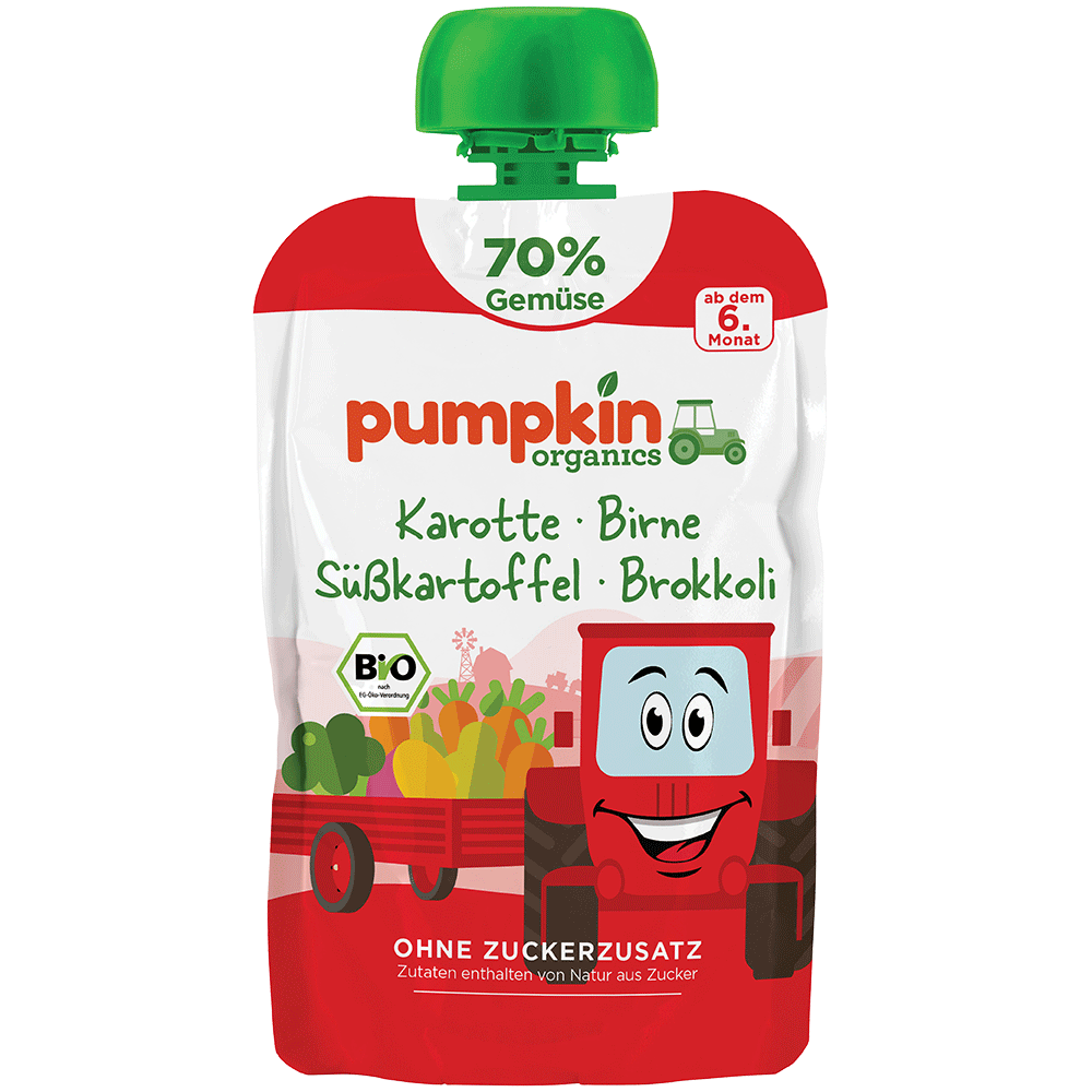 Bild: pumpkin organics Quetschie Karotte, Birne, Süßkartoffel und Brokkoli 