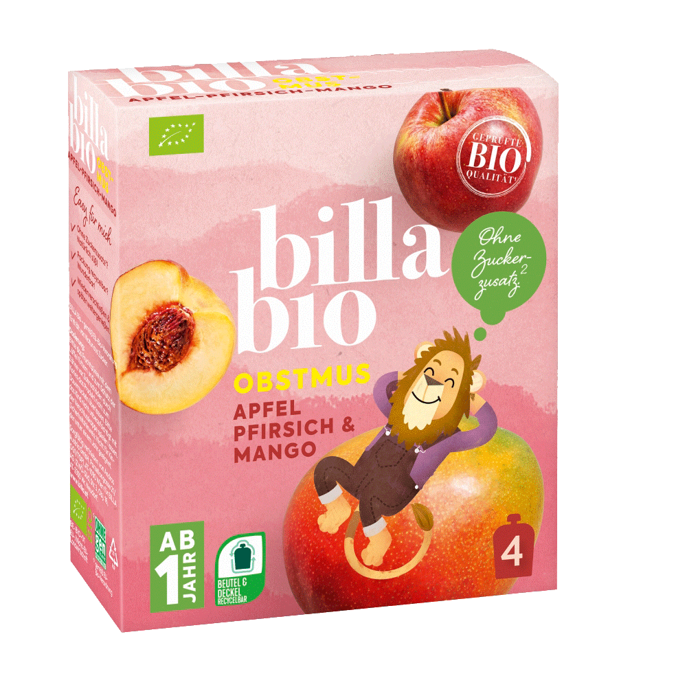 Bild: Billa Bio Quetschie Apfel Pfirisch Mango 4er Pack 