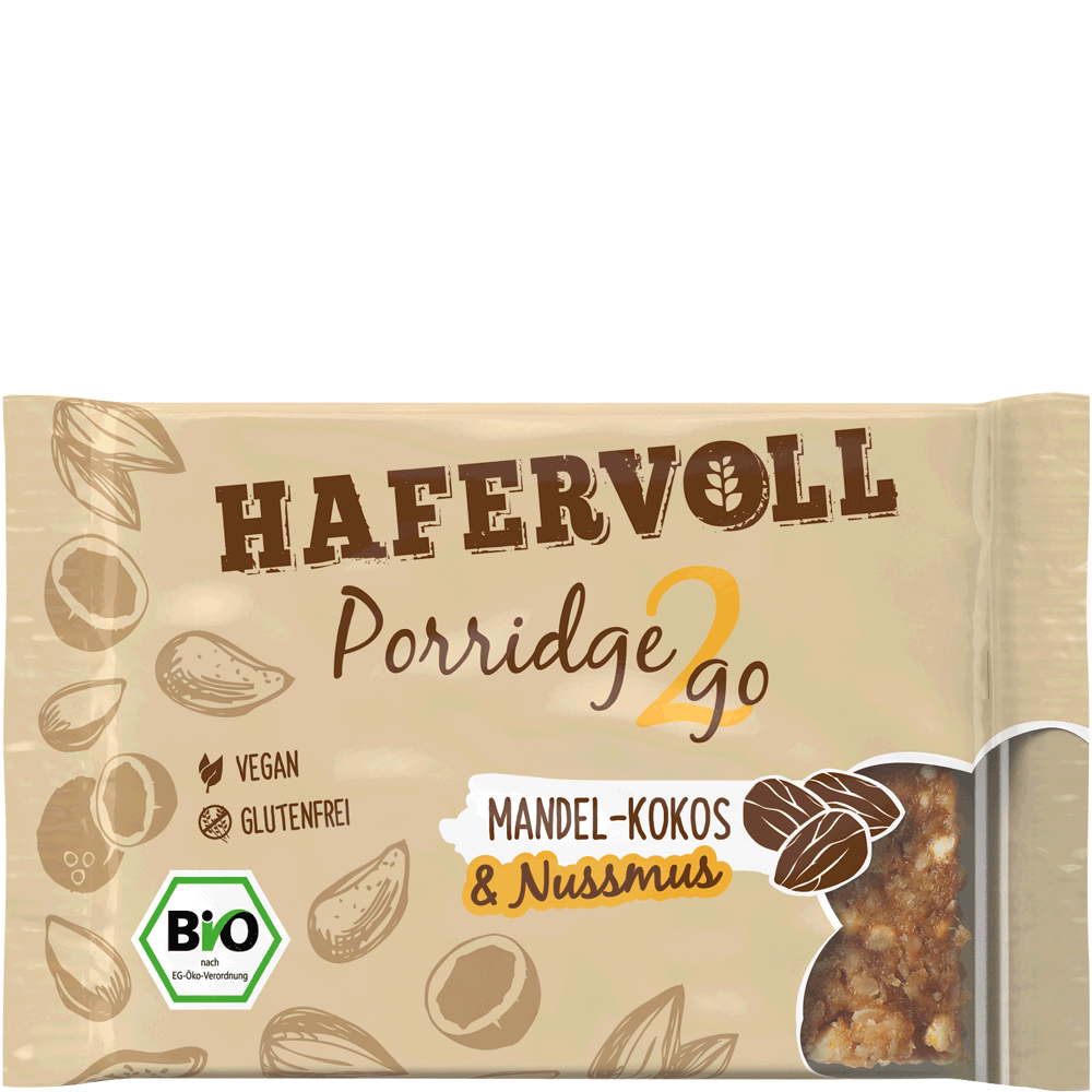 Bild: HAFERVOLL Bio Porridge2go Mandel-Kokos 