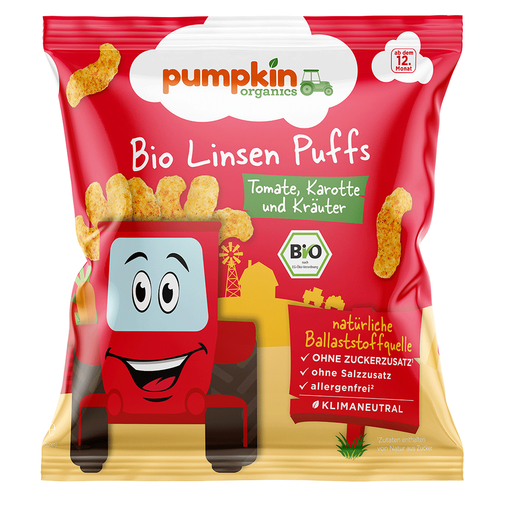 Bild: pumpkin organics Bio Linsen Puffs Tomate, Karotte und Kräuter 