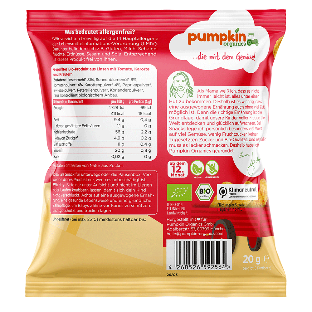 Bild: pumpkin organics Bio Linsen Puffs Tomate, Karotte und Kräuter 