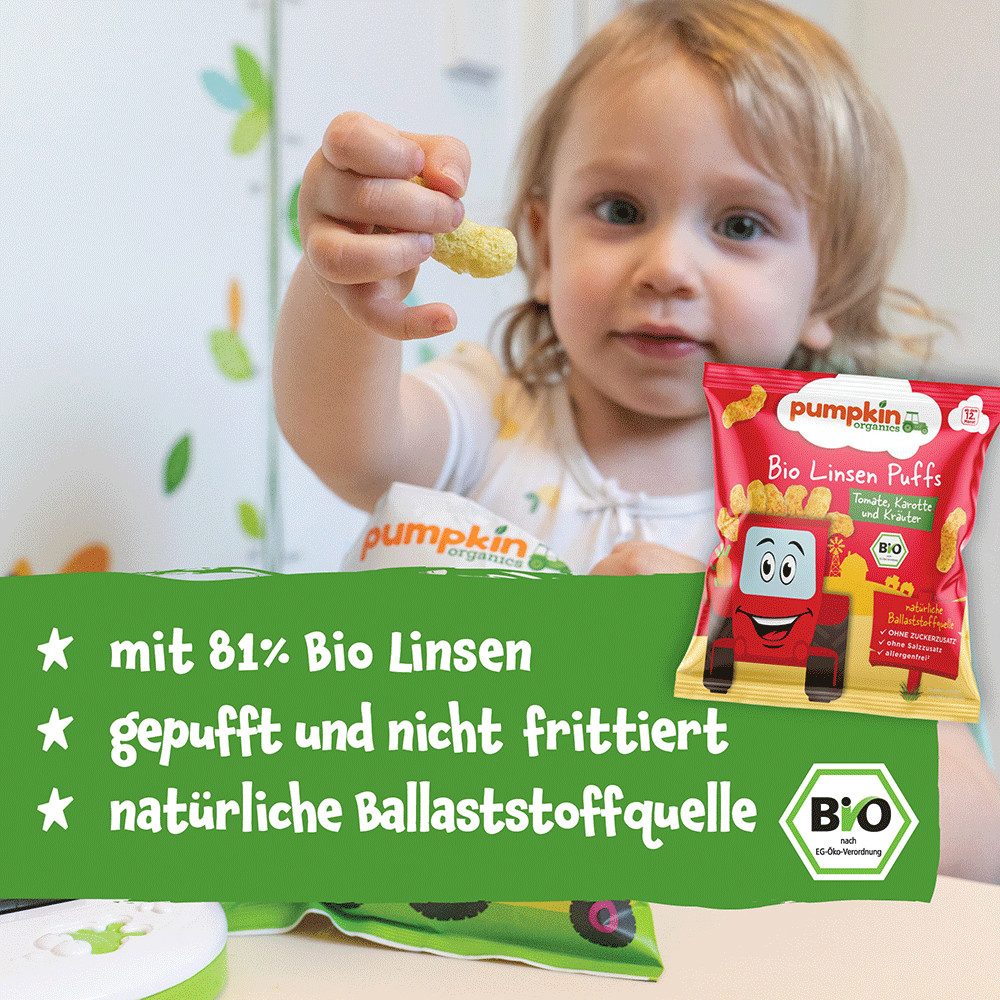 Bild: pumpkin organics Bio Linsen Puffs Tomate, Karotte und Kräuter 