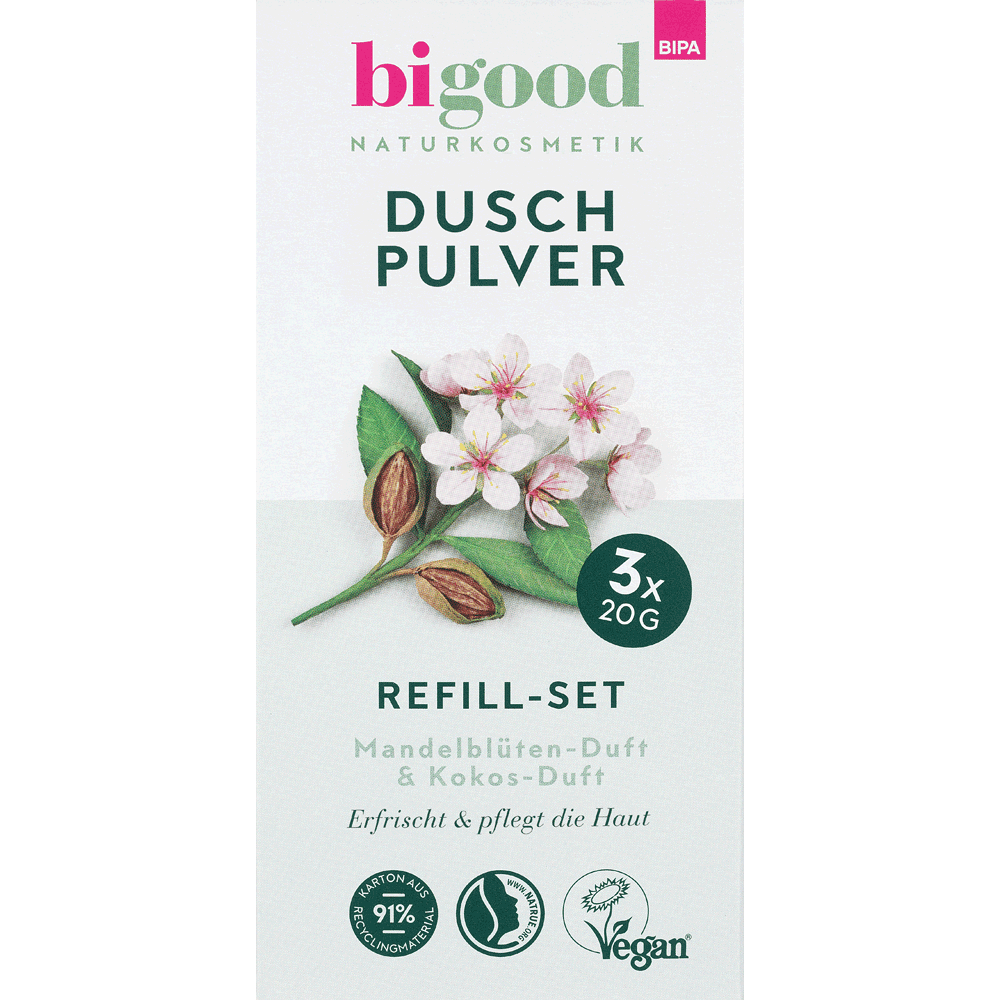 Bild: bi good Duschpulver Refill-Set Mandelblüten & Kokos-Duft 