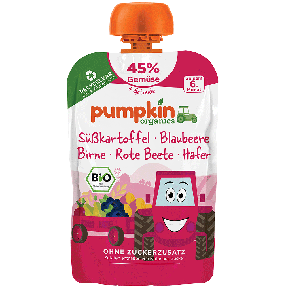 Bild: pumpkin organics Quetschie Süßkartoffel, Blaubeere, Birne, Rote Beete und Hafer 