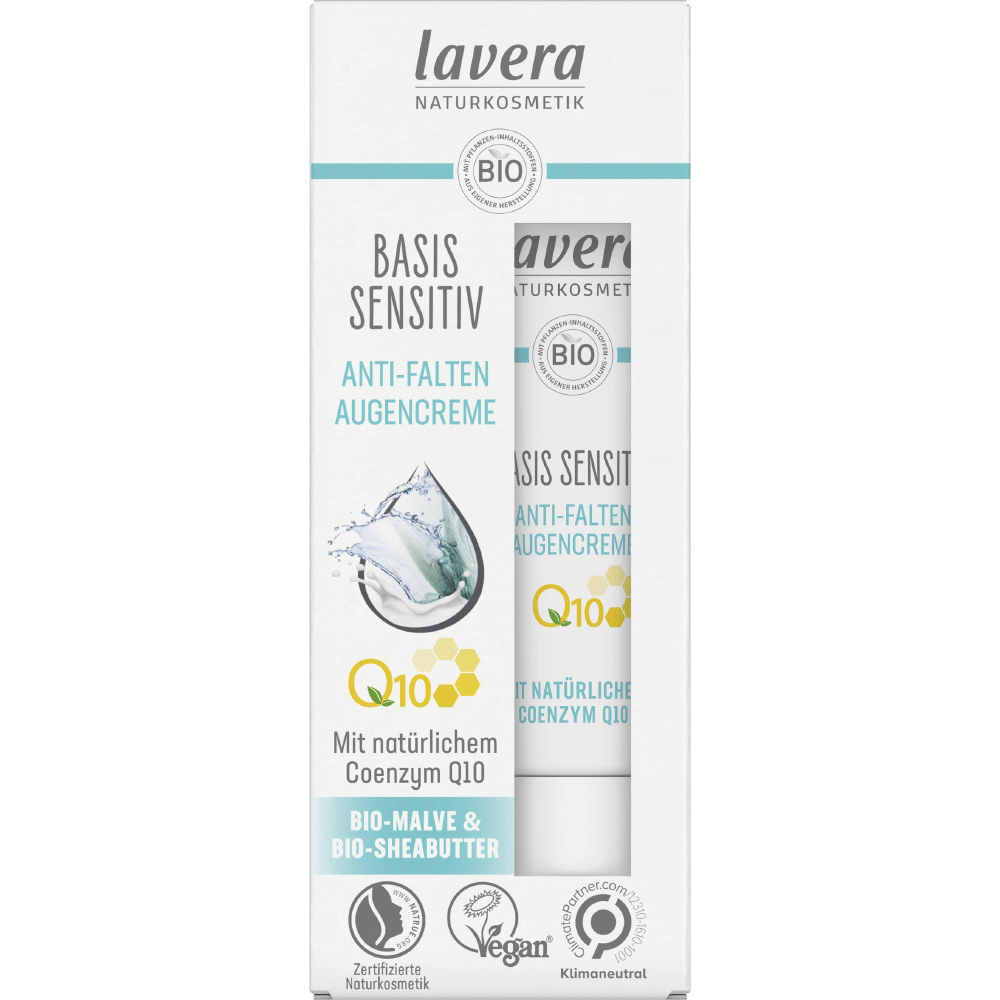 Bild: lavera Basis Sensitiv Anti-Falten Augencreme Coenzym Q10, Bio-Malve & Bio-Sheabutter 