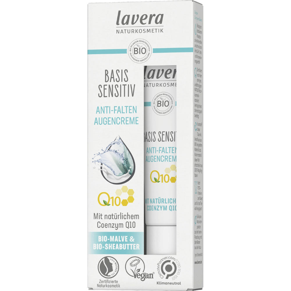 Bild: lavera Basis Sensitiv Anti-Falten Augencreme Coenzym Q10, Bio-Malve & Bio-Sheabutter 