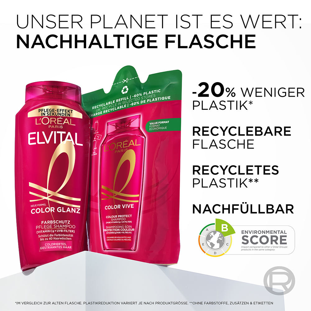 Bild: L'ORÉAL PARIS ELVITAL Color Glanz Pflege Farbschutz Shampoo & Spülung 